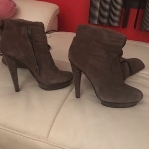 Smoked grey suede thigh high boots marbled heel